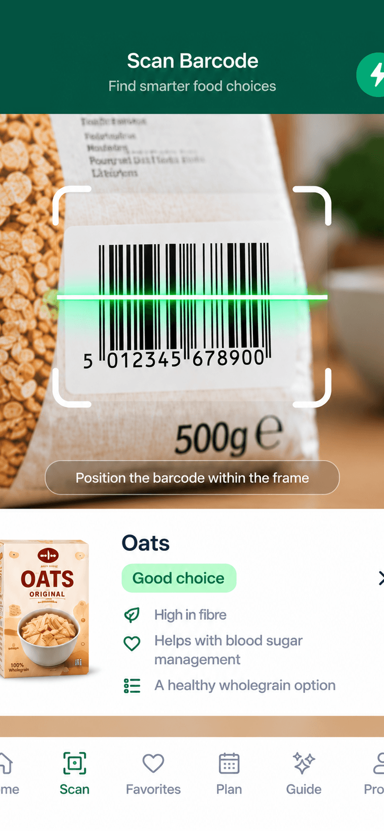 GlucoForager barcode and photo scan result showing a diabetes-friendly verdict