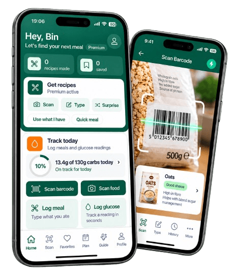 GlucoForager home screen with today's carb goal, and a barcode scan showing a diabetes-friendly verdict