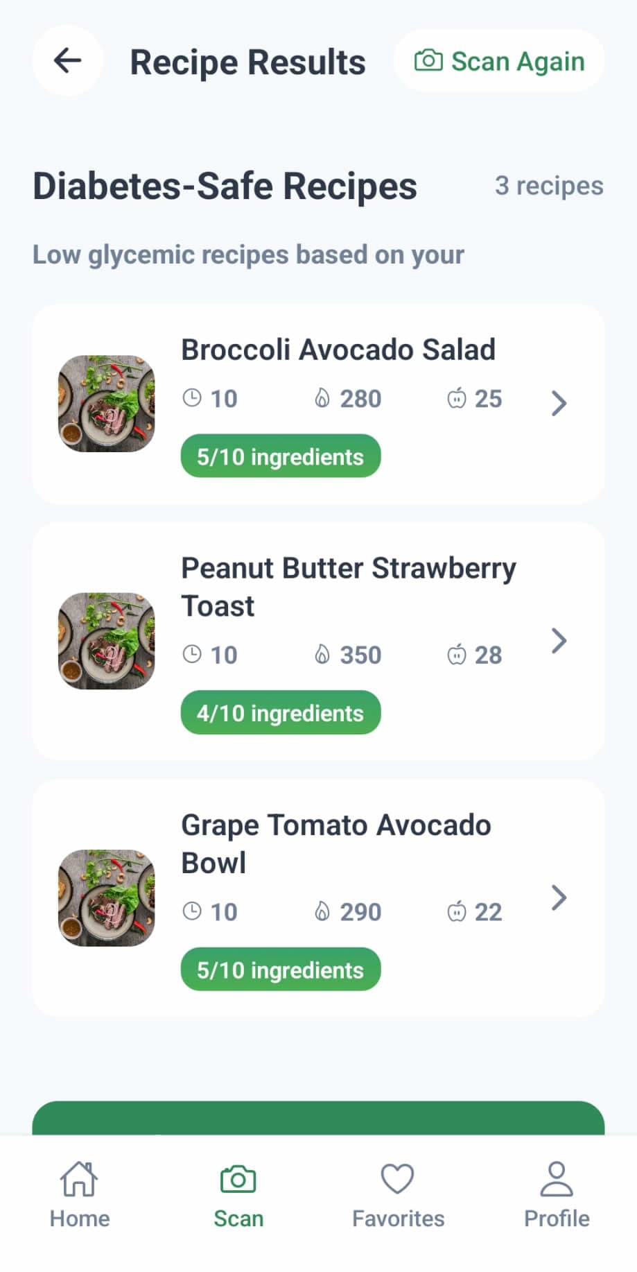 Recipe results list